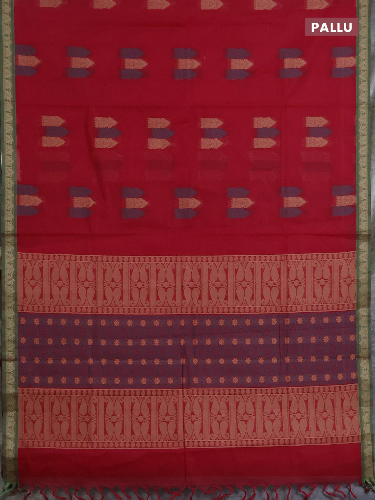 Nithyam cotton saree reddish pink and green with allover thread woven buttas and paisley thread woven border - Image 3