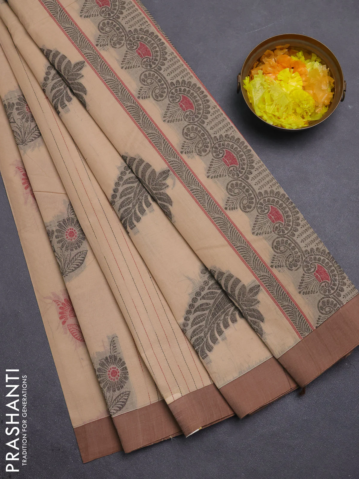 Nithyam cotton saree sandal and brown with allover thread weaves & buttas and simple border