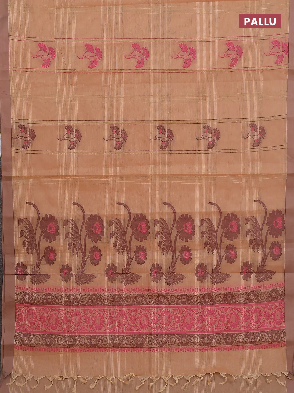Nithyam cotton saree sandal and pastel brown with allover thread weaves & buttas and simple border - Image 3