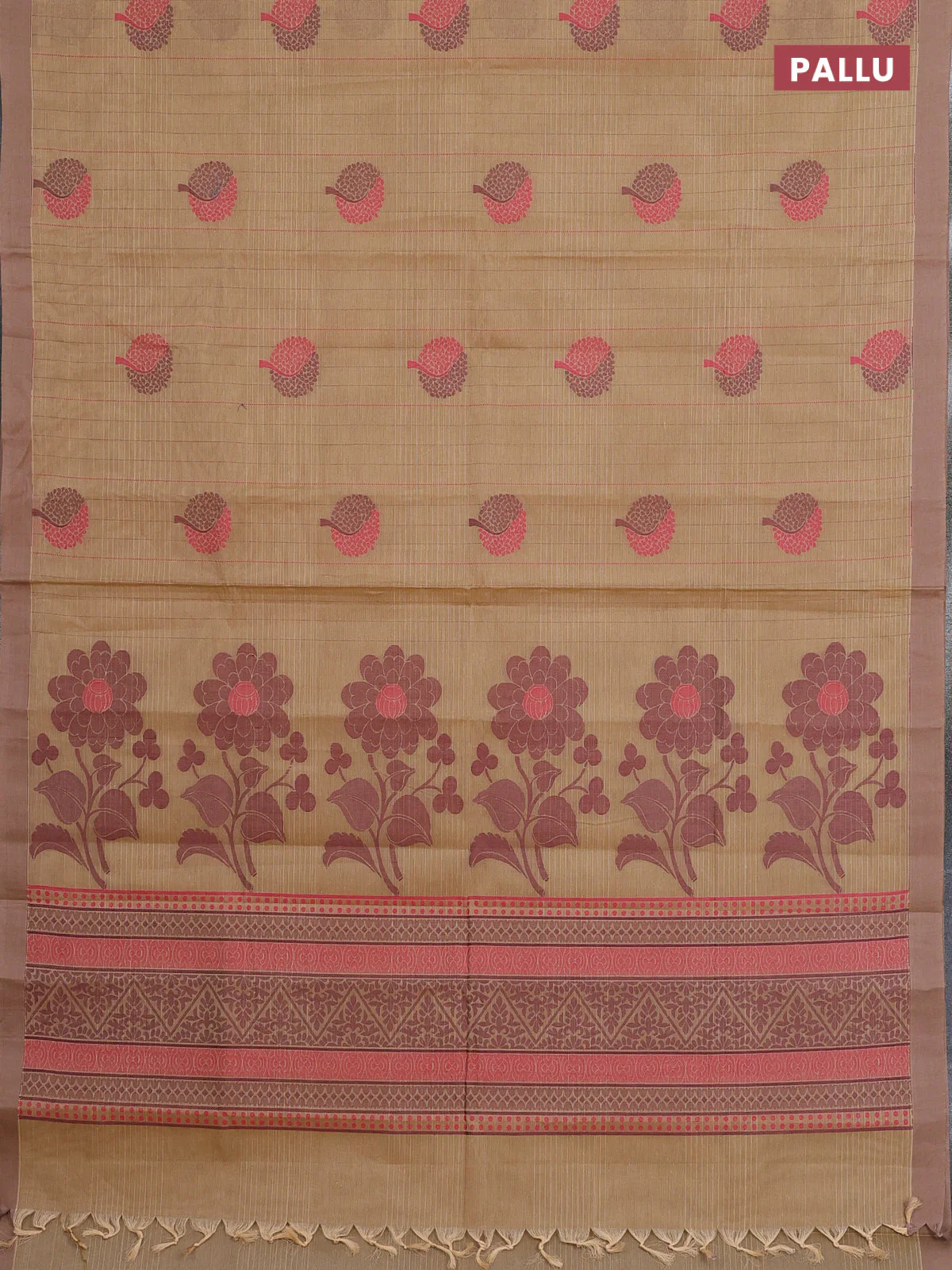 Nithyam cotton saree sandal and pastel brown with allover thread weaves & buttas and simple border - Image 3
