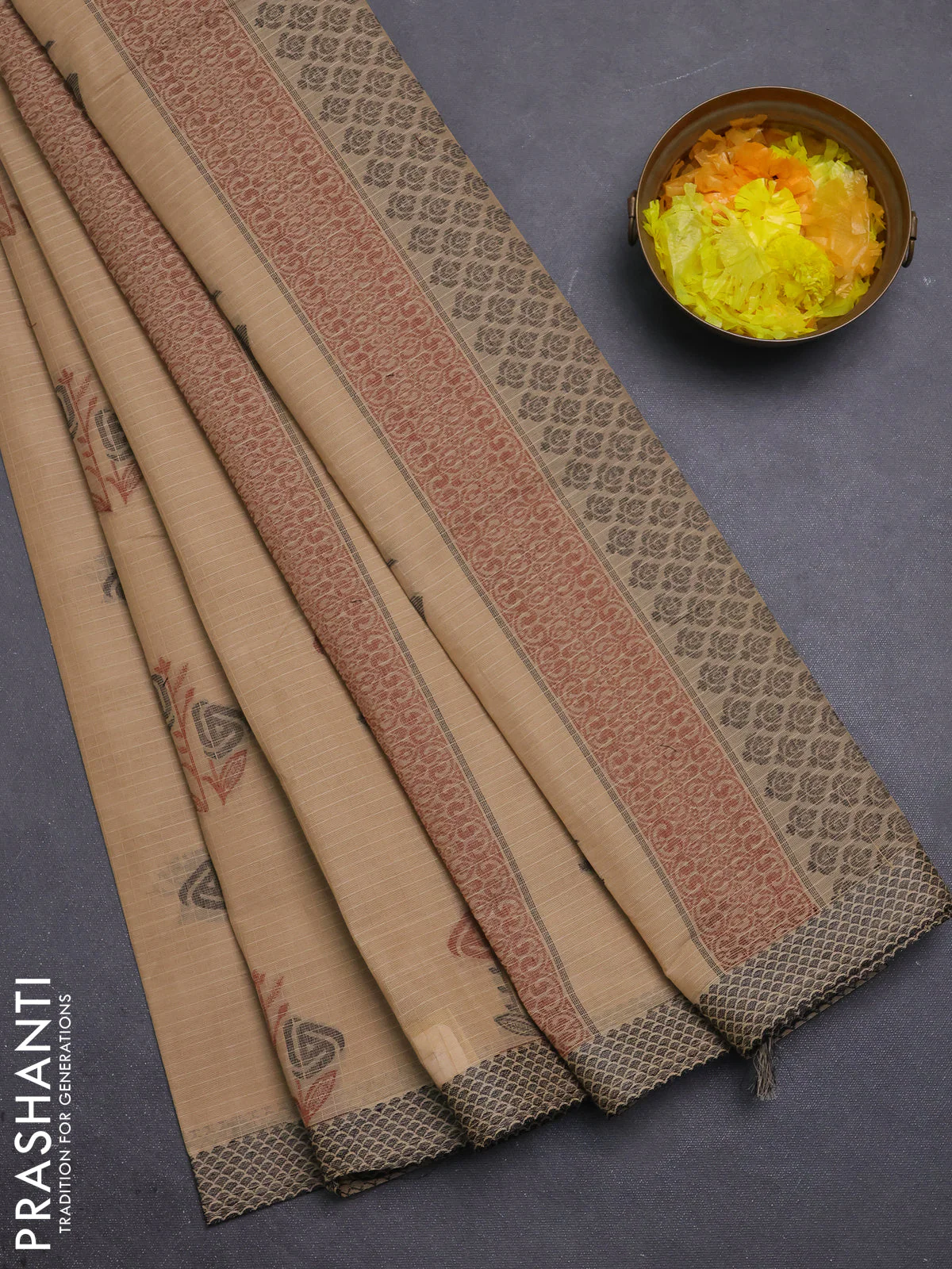 Nithyam cotton saree sandal with allover checks pattern & buttas and thread woven border