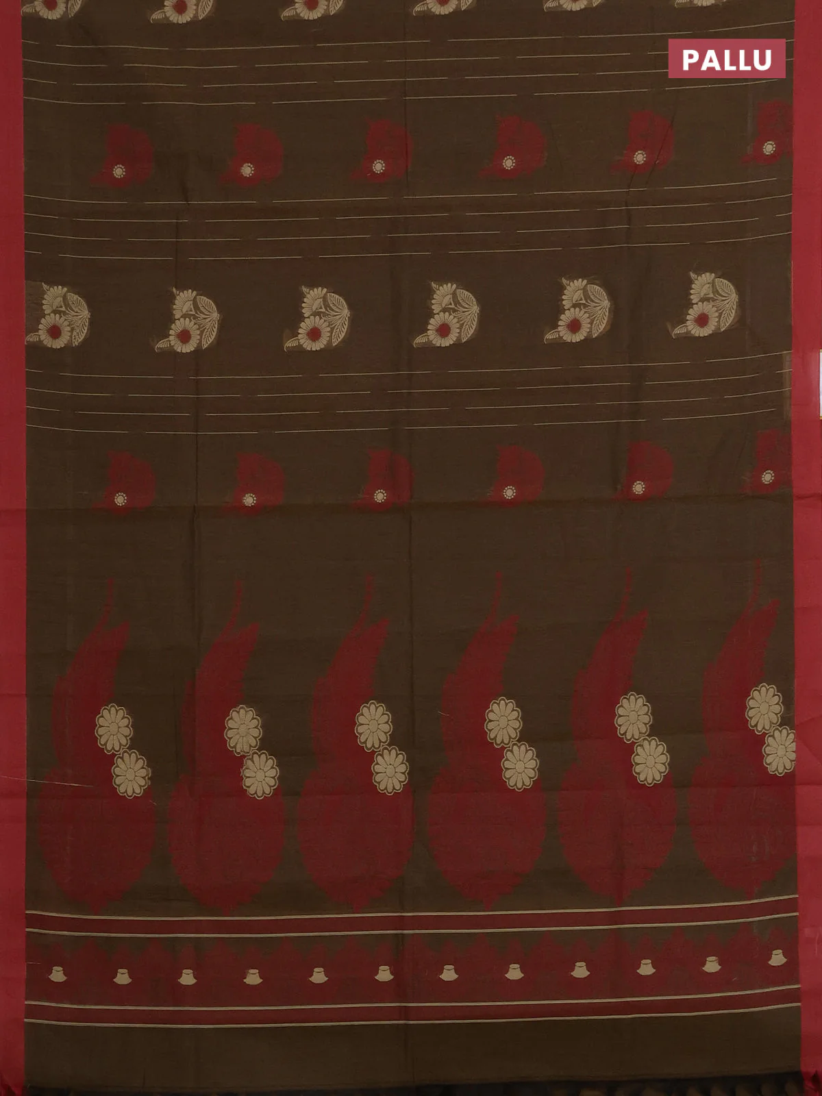 Nithyam cotton saree sap green and maroon with allover thread weaves & buttas and simple border - Image 3