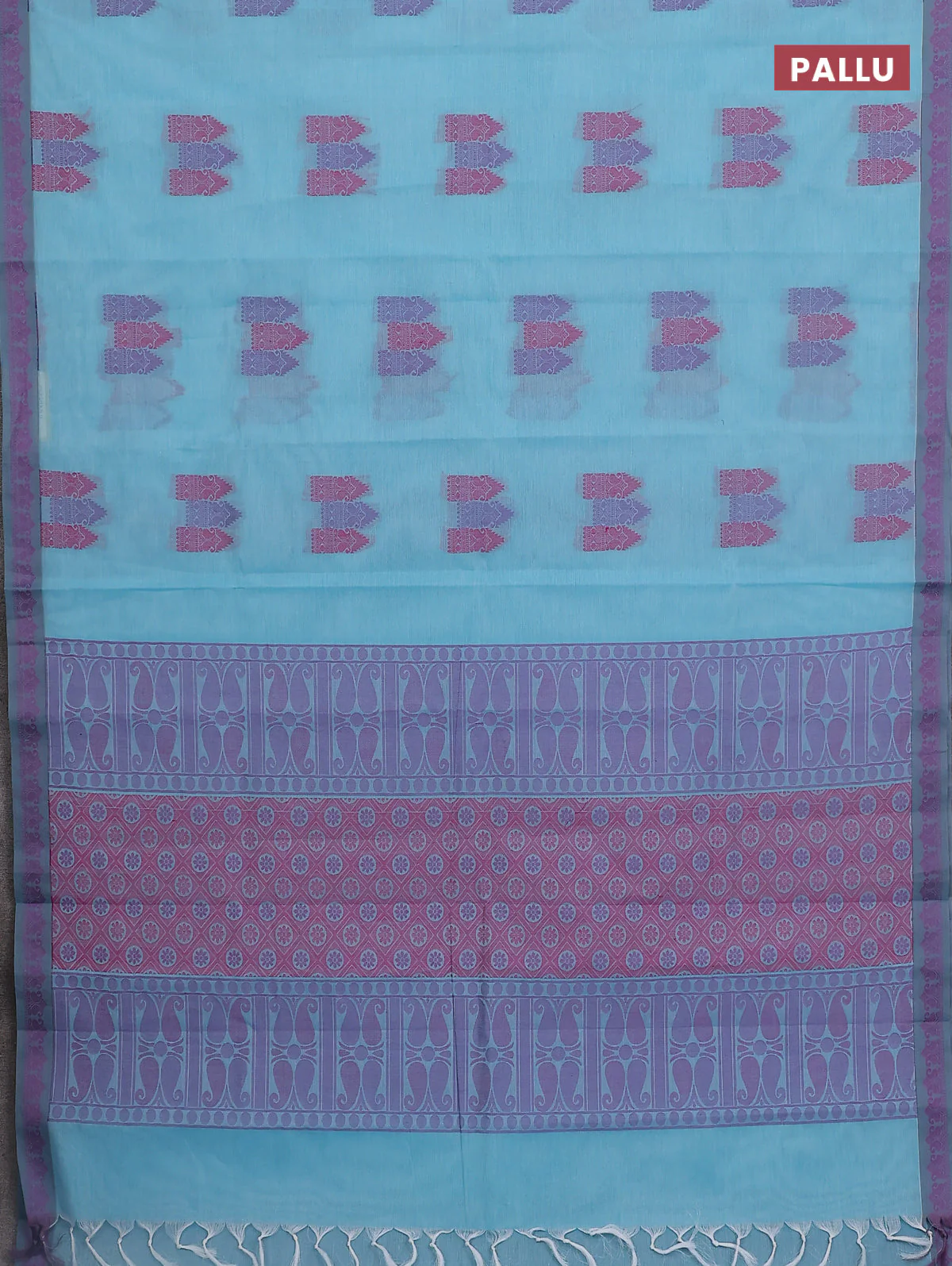 Nithyam cotton saree teal blue and grey with allover thread woven buttas and paisley thread woven border - Image 3
