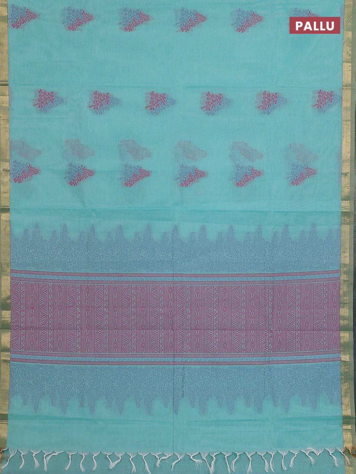 Nithyam cotton saree teal green with thread woven buttas and zari woven border - Image 3