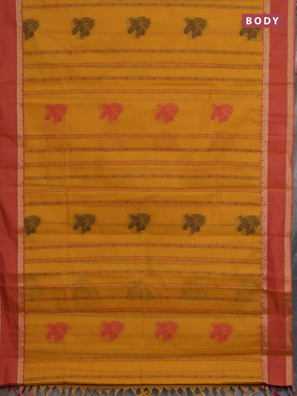 Nithyam cotton saree yellow and pink with allover thread woven stripes pattern & buttas and rettapet thread woven border - Image 2