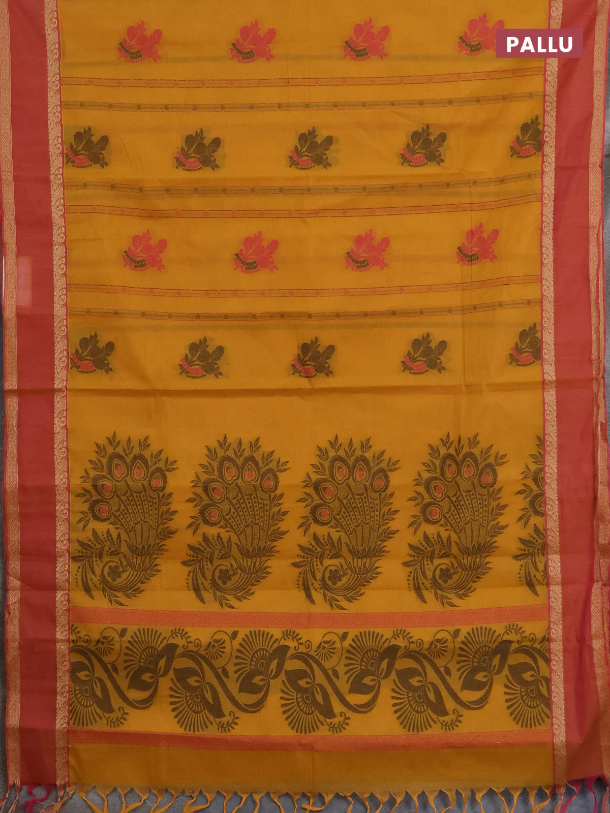 Nithyam cotton saree yellow and pink with allover thread woven stripes pattern & buttas and rettapet thread woven border - Image 3