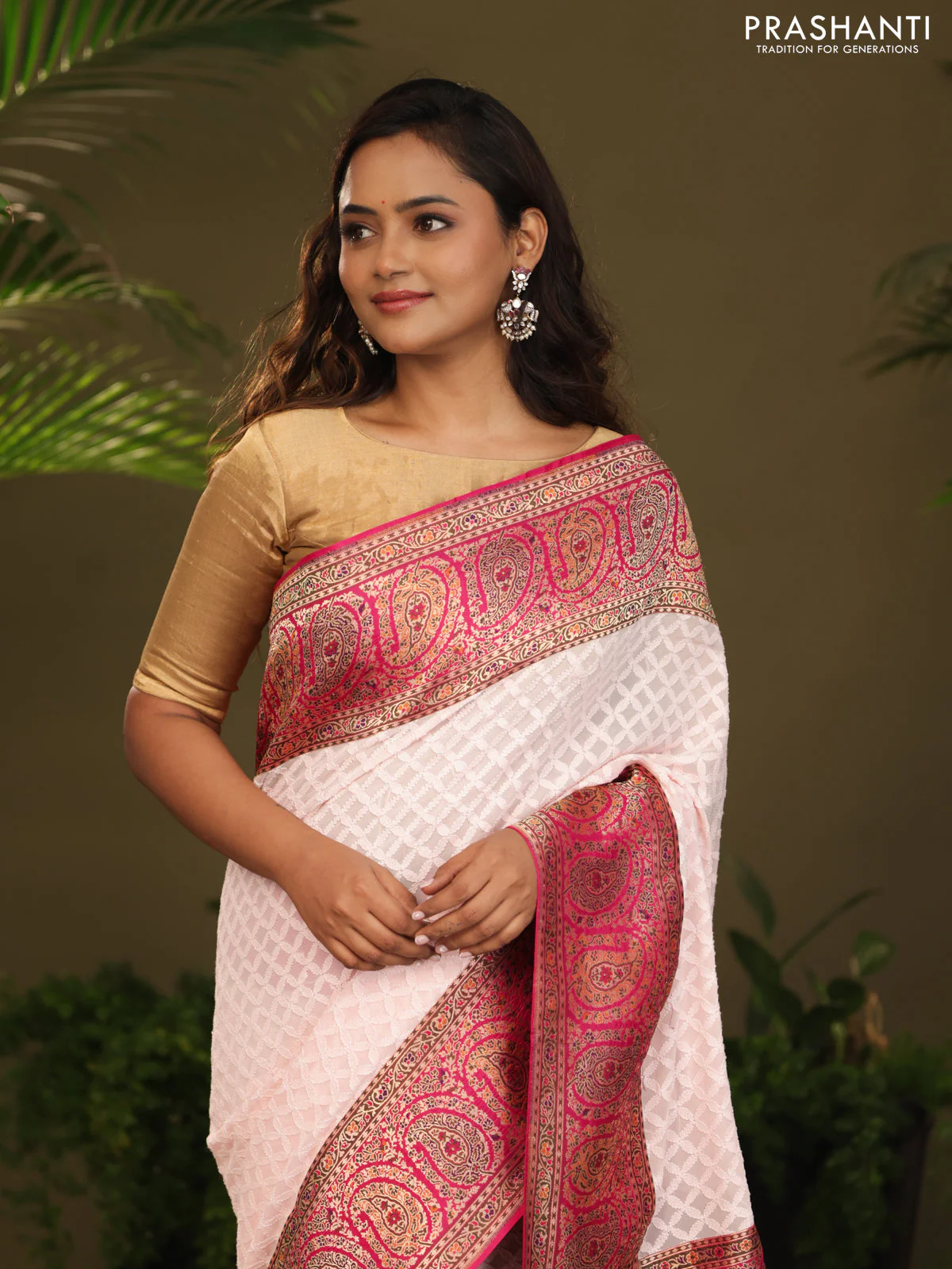 Off white & Pink Georgette saree with Chikankari Work & banaras border - Image 3