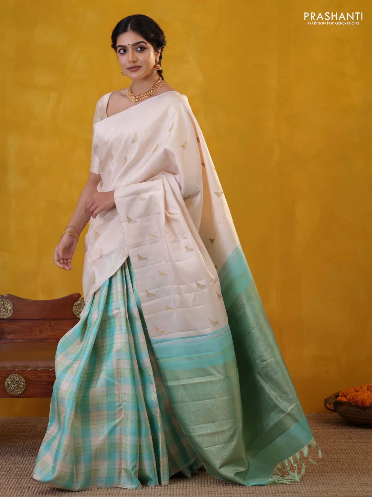 Off white-Teal blue Pure Kanchipuram silk saree With Zari woven peacock buttas - Image 2