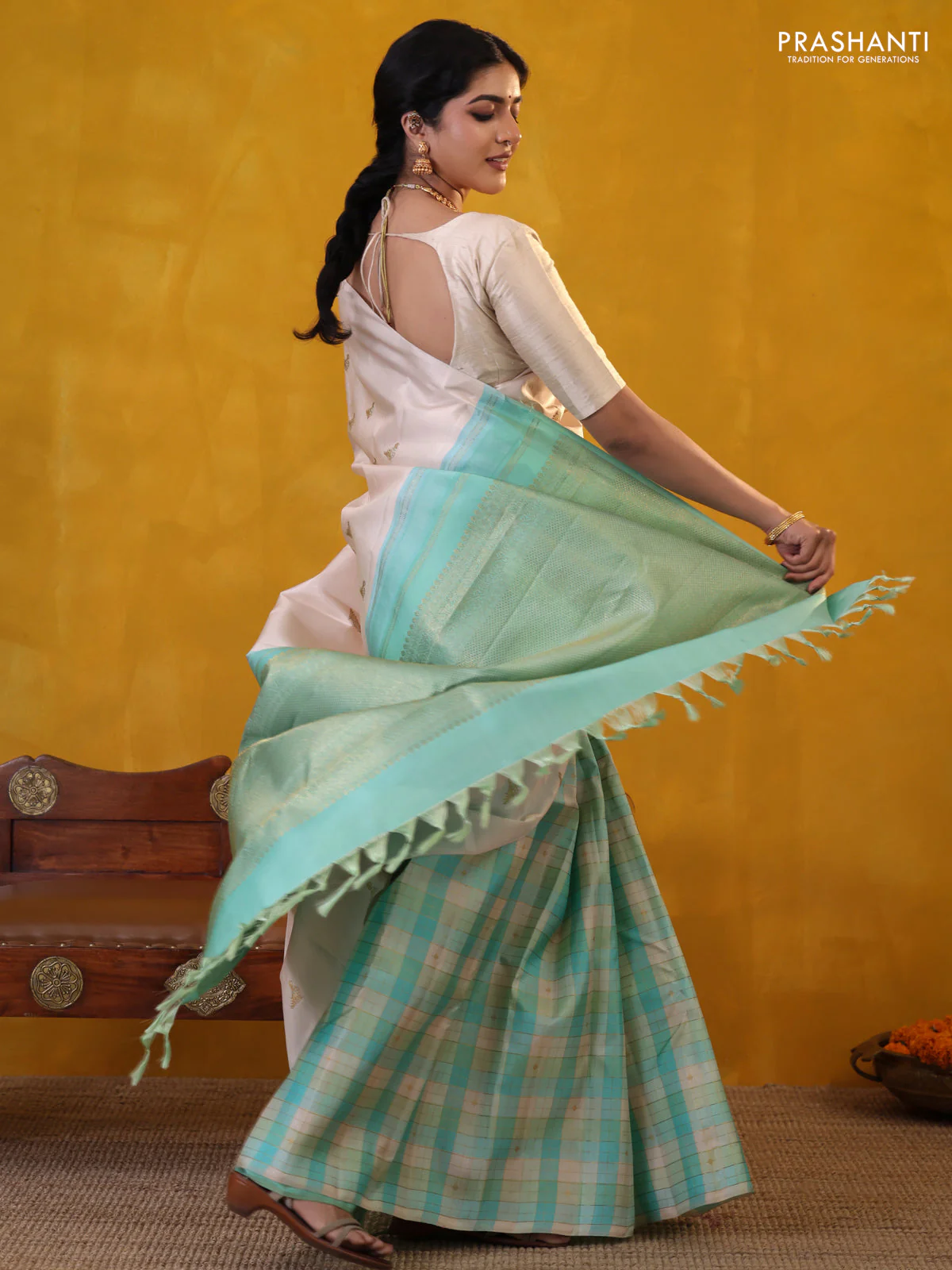 Off white-Teal blue Pure Kanchipuram silk saree With Zari woven peacock buttas - Image 3