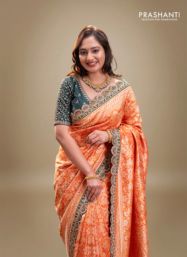 Orange-Green Pure banarasi uppada silk saree With Allover Brocade weaves & Scallop Design embroidery Border & work blouse - Image 2