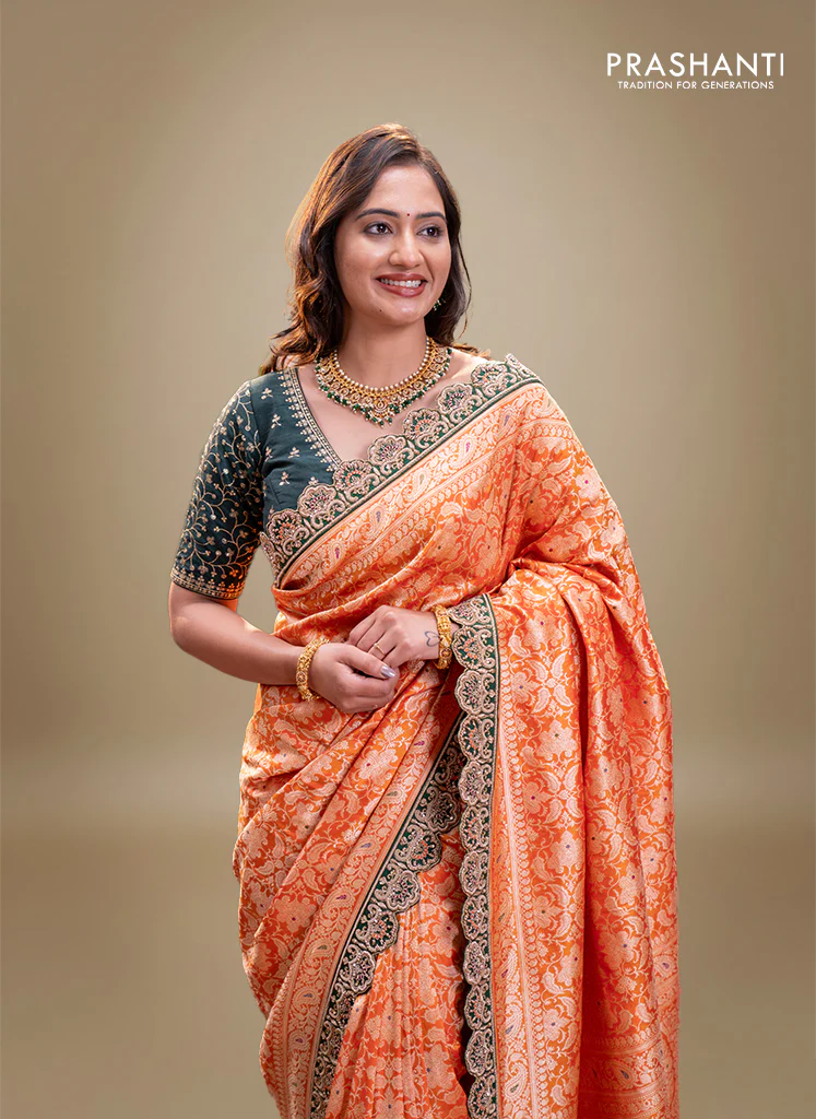 Orange-Green Pure banarasi uppada silk saree With Allover Brocade weaves & Scallop Design embroidery Border & work blouse - Image 3