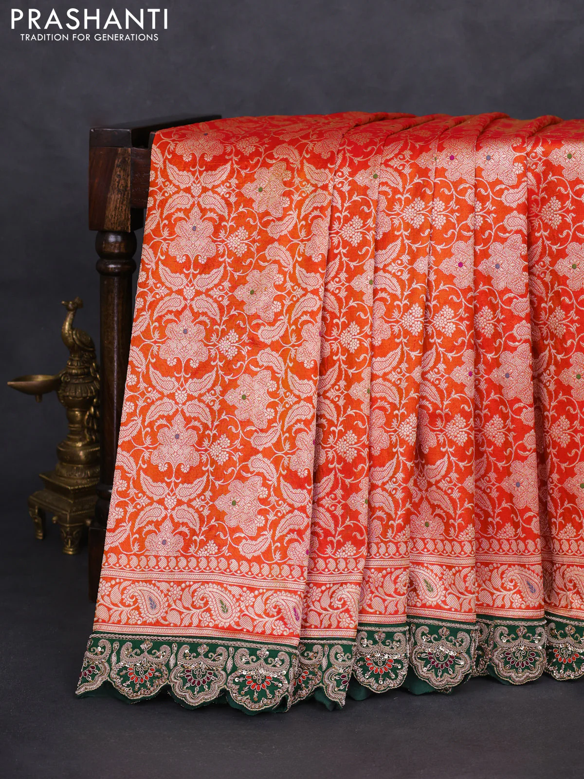 Orange-Green Pure banarasi uppada silk saree With Allover Brocade weaves & Scallop Design embroidery Border & work blouse - Image 4