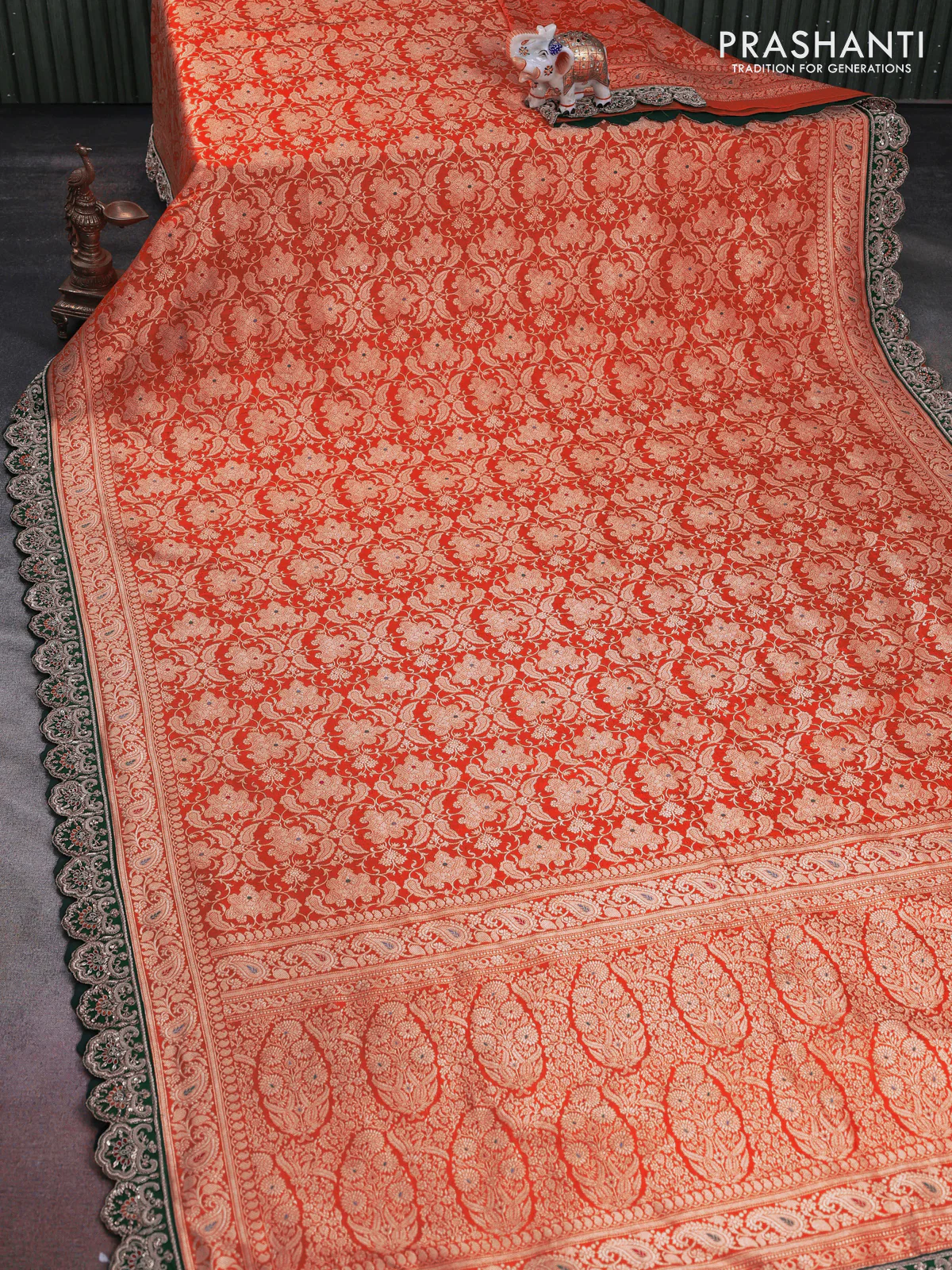 Orange-Green Pure banarasi uppada silk saree With Allover Brocade weaves & Scallop Design embroidery Border & work blouse - Image 5