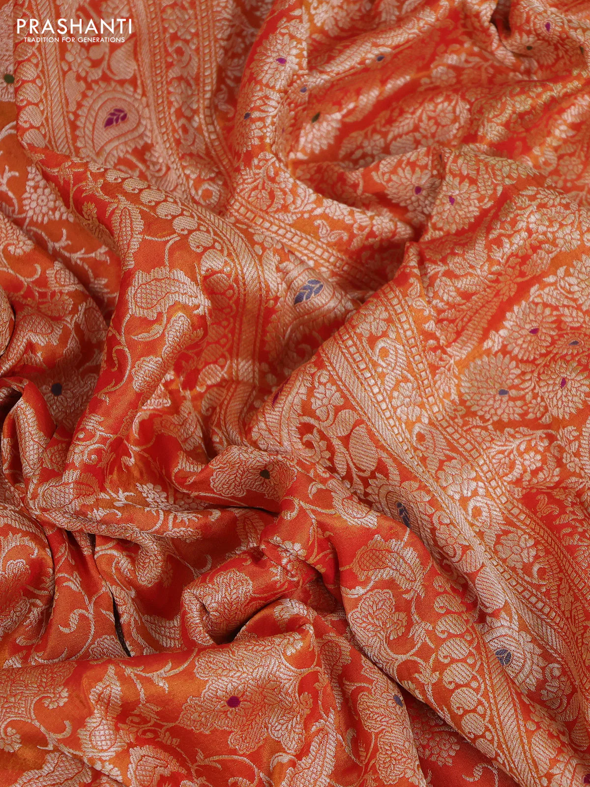 Orange-Green Pure banarasi uppada silk saree With Allover Brocade weaves & Scallop Design embroidery Border & work blouse - Image 6