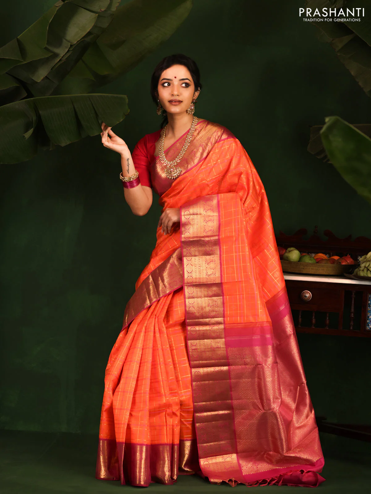 Orange-Pink Pure Kanchipuram Silk Saree With allover zari checked pattern