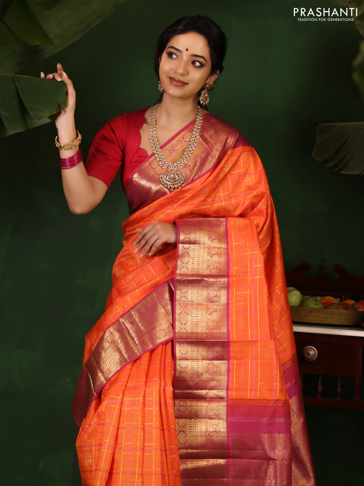 Orange-Pink Pure Kanchipuram Silk Saree With allover zari checked pattern - Image 2