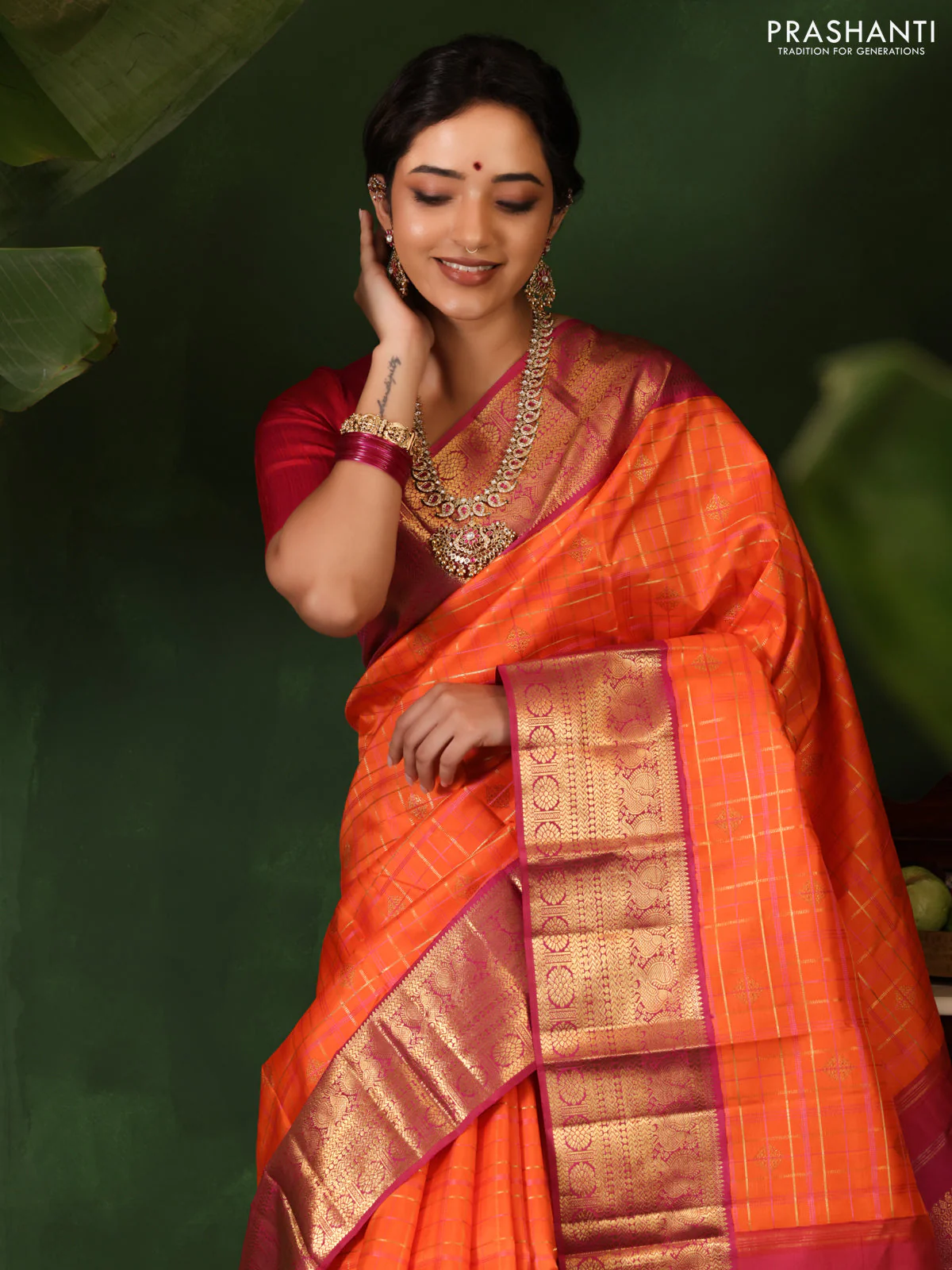 Orange-Pink Pure Kanchipuram Silk Saree With allover zari checked pattern - Image 3
