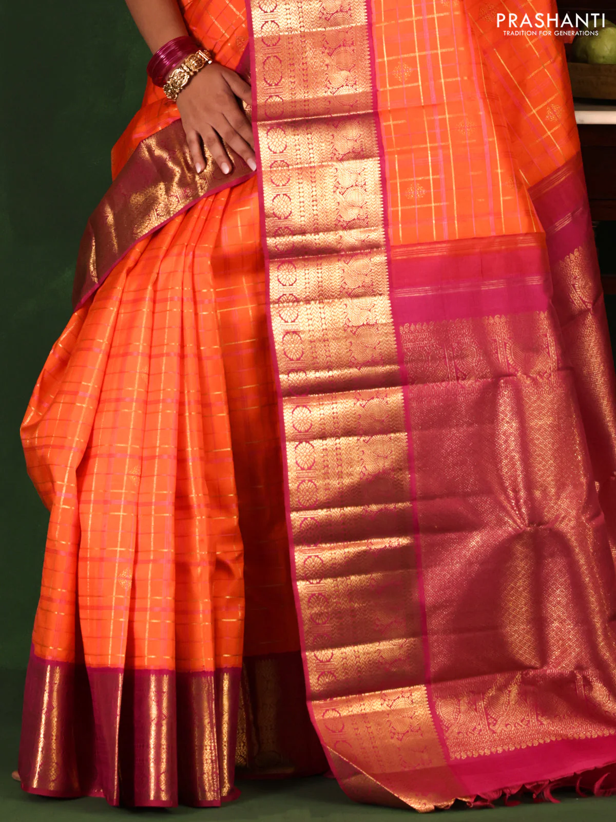 Orange-Pink Pure Kanchipuram Silk Saree With allover zari checked pattern - Image 4