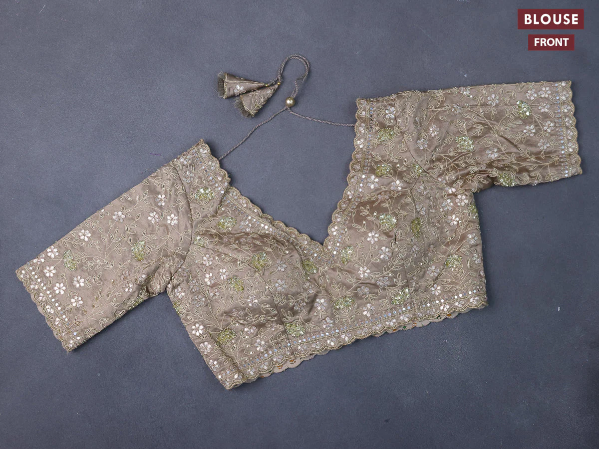 Organza saree grey with allover zari weaves and zari woven border - Image 4