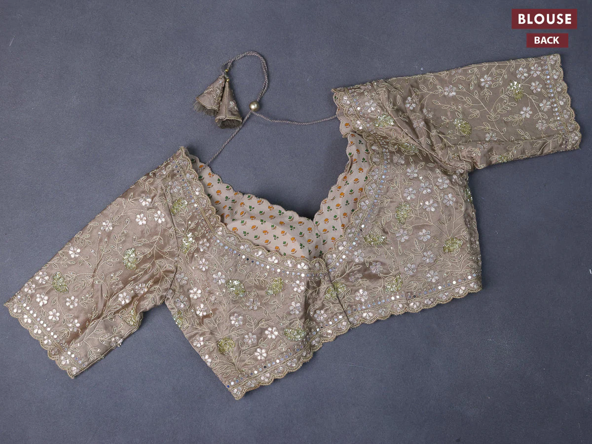 Organza saree grey with allover zari weaves and zari woven border - Image 5