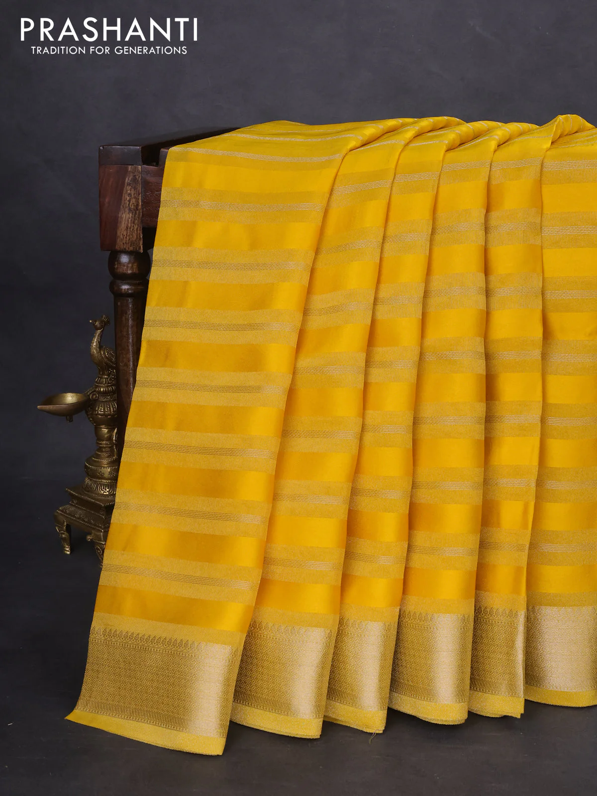 Organza saree yellow with allover zari stripe pattern and zari woven border - Image 2