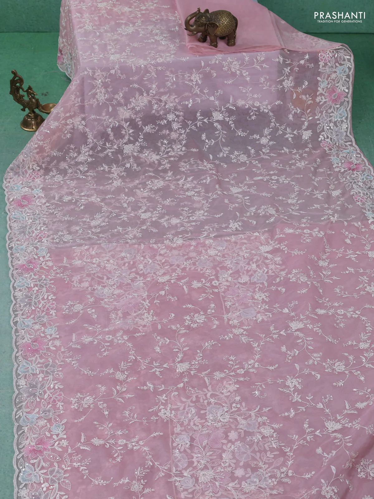Organza silk saree baby pink with floral embroidery & sequin work - Image 2