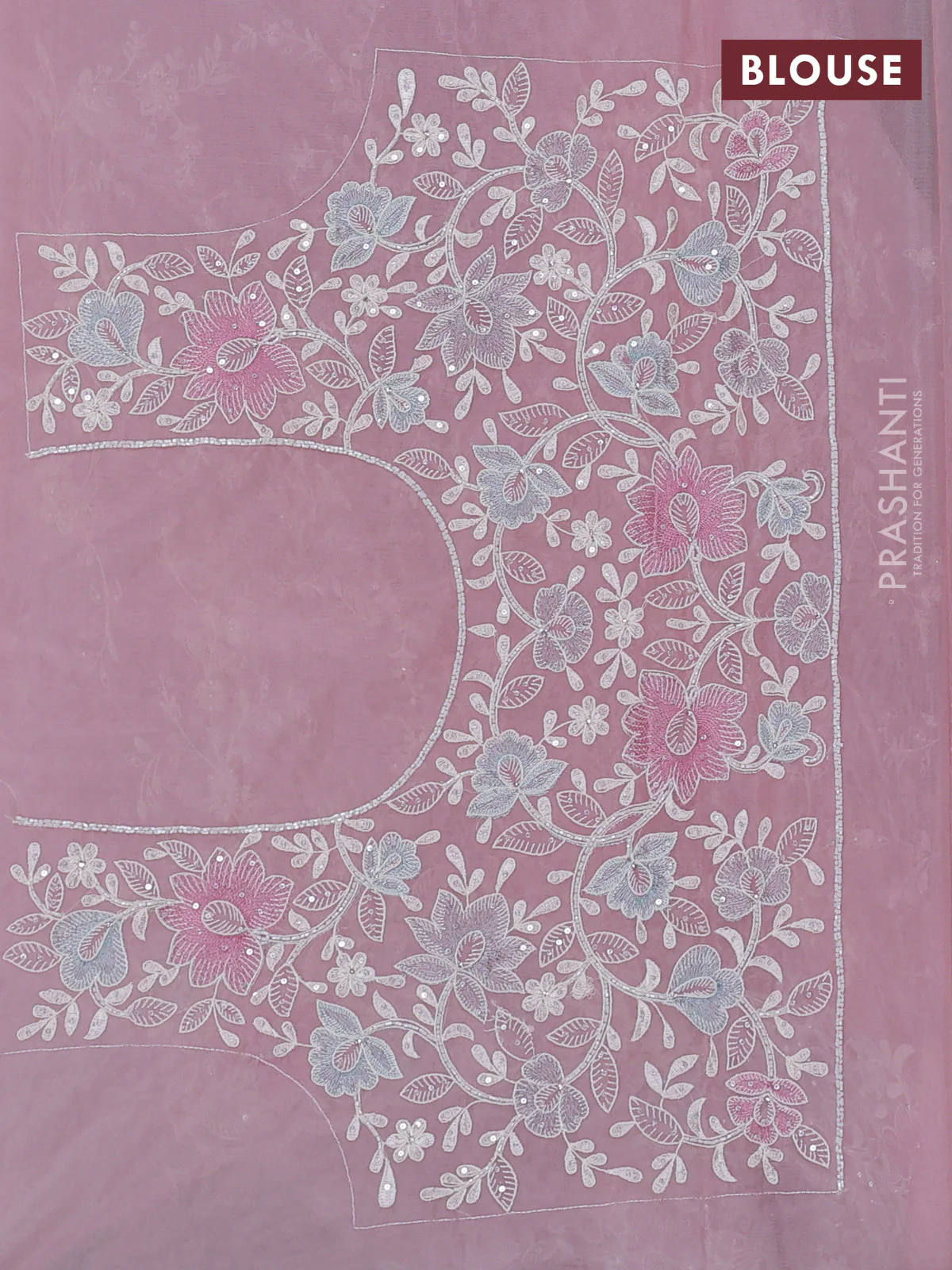Organza silk saree baby pink with floral embroidery & sequin work - Image 3