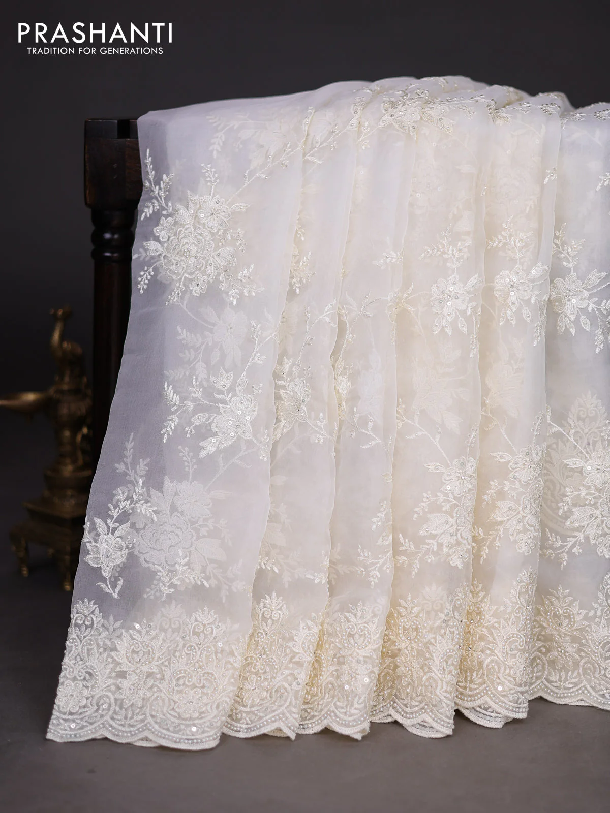 Organza silk saree cream with allover embroidery sequin work