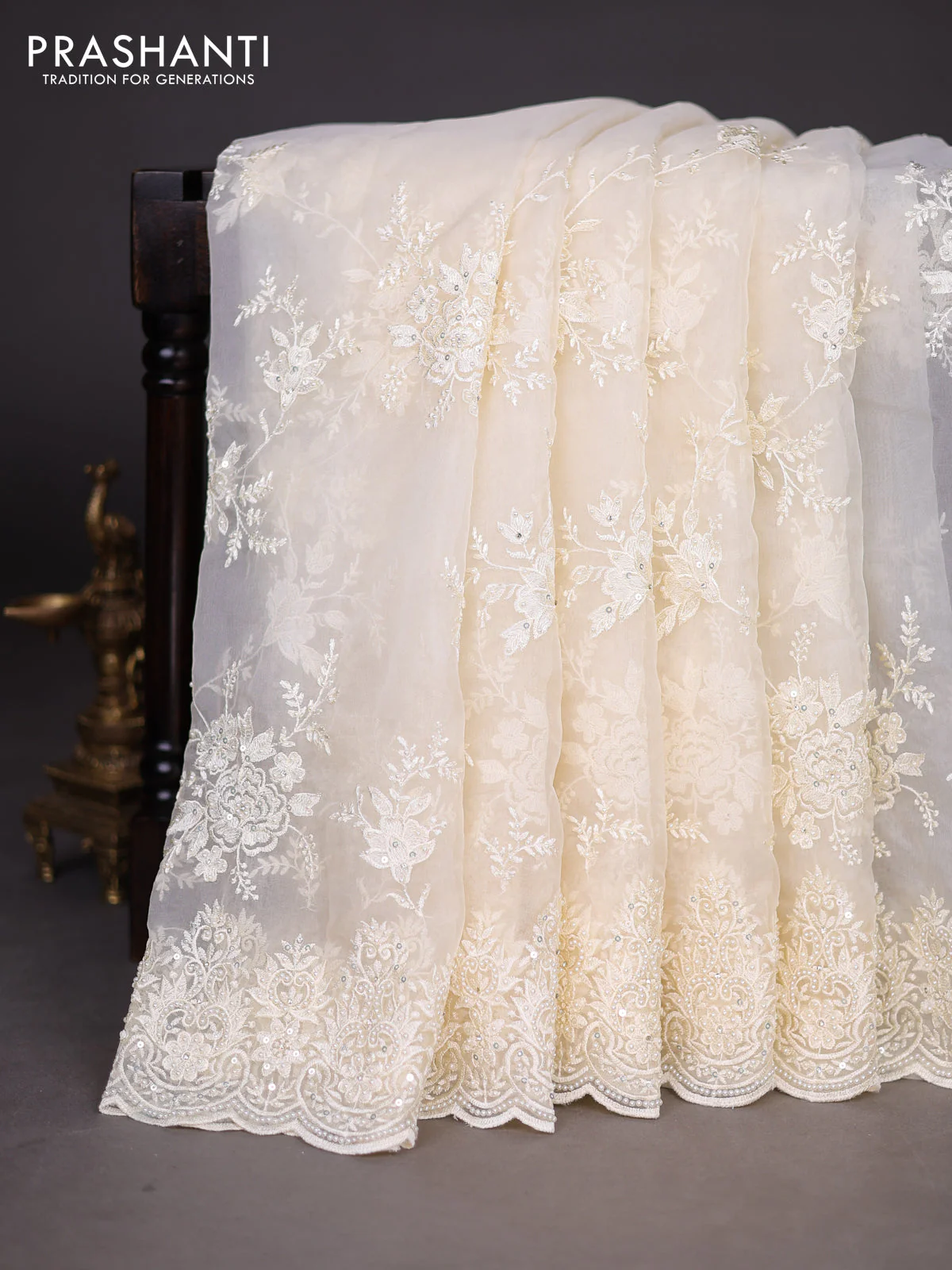 Organza silk saree cream with allover floral embroidery sequin work