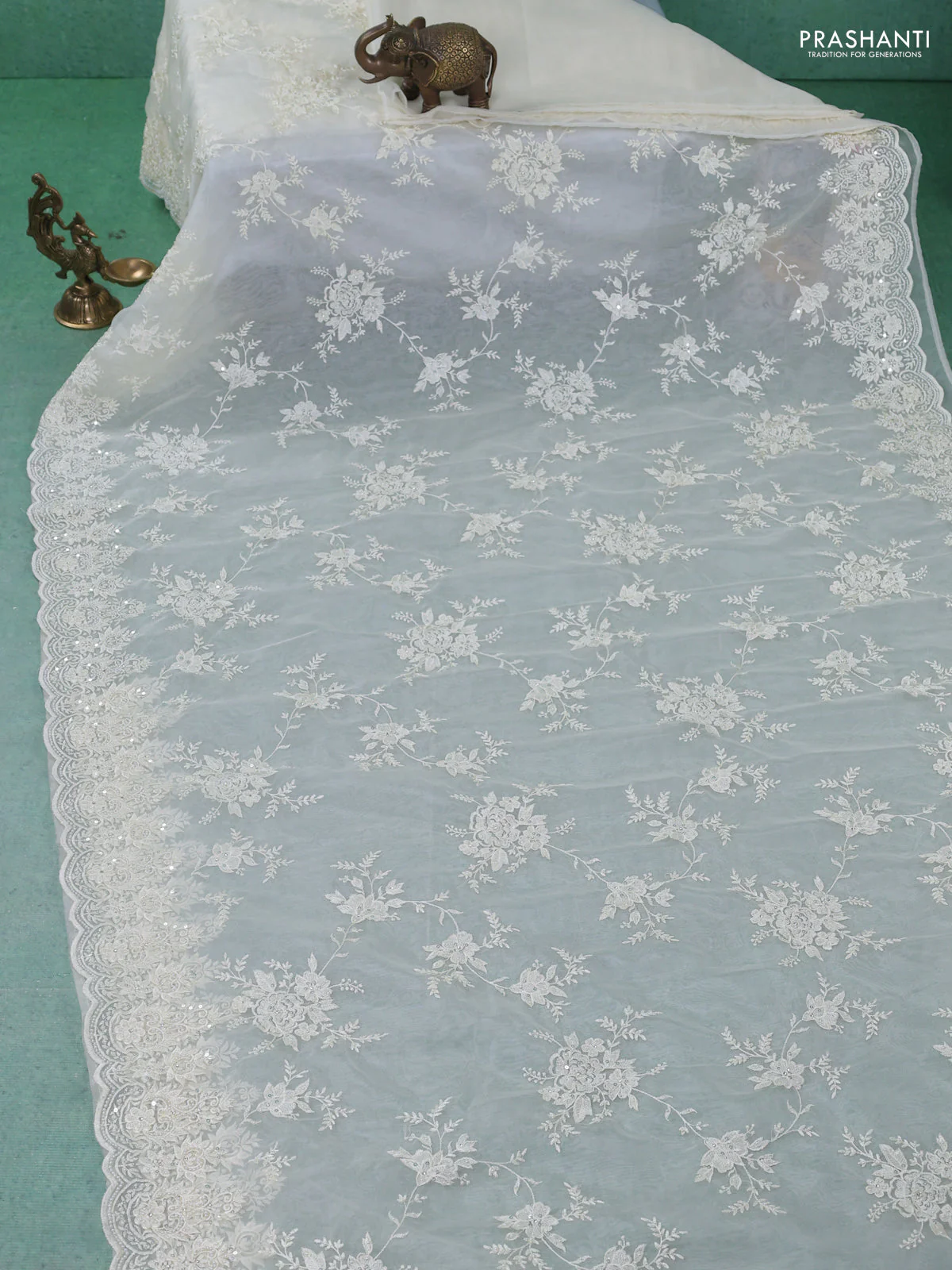 Organza silk saree cream with allover floral embroidery sequin work - Image 2