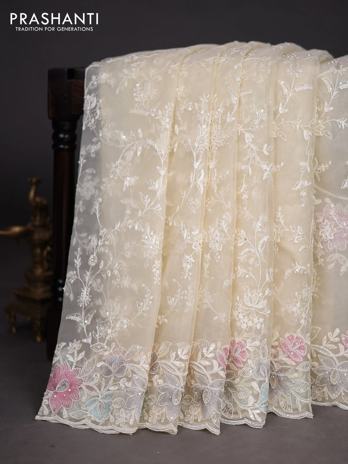 Organza silk saree cream with floral embroidery & sequin work