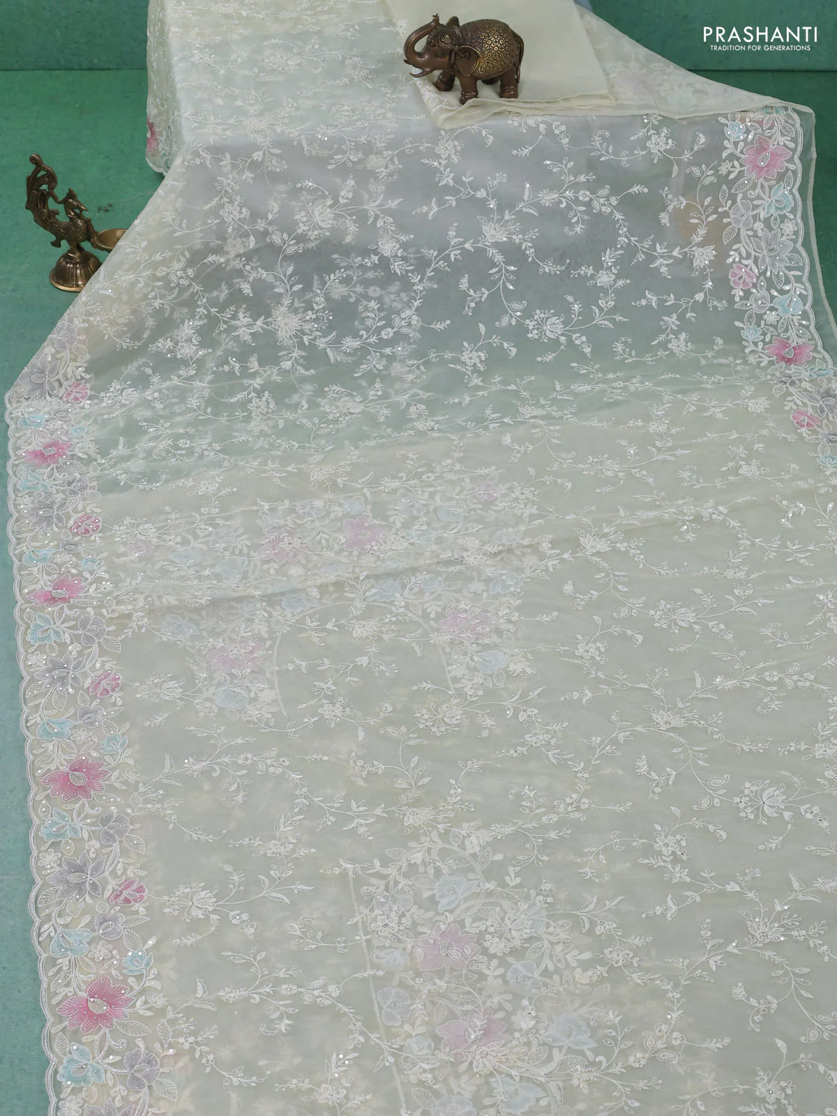 Organza silk saree cream with floral embroidery & sequin work - Image 2