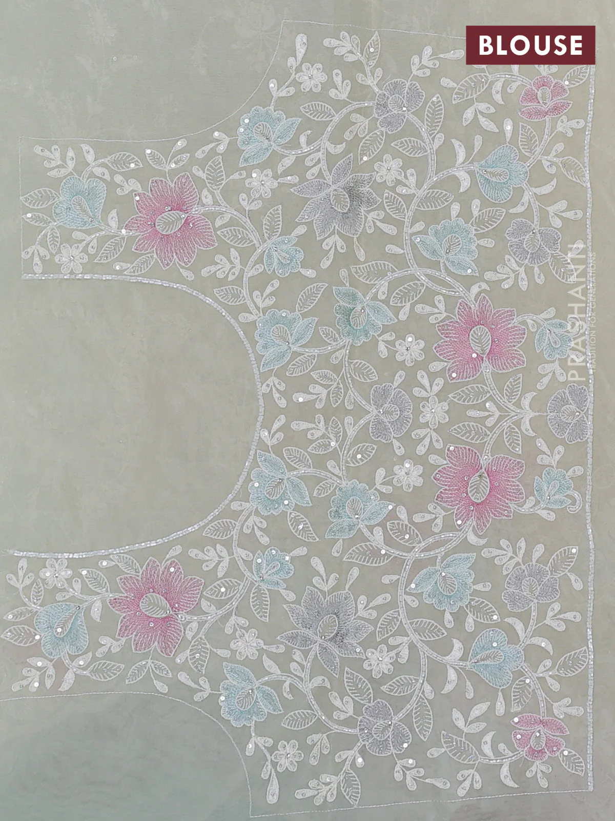 Organza silk saree cream with floral embroidery & sequin work - Image 3