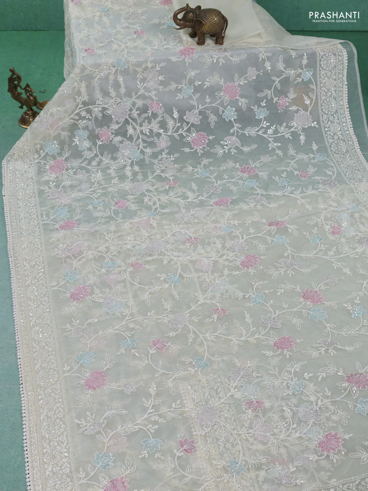 Organza silk saree cream with floral embroidery & sequin work - Image 2