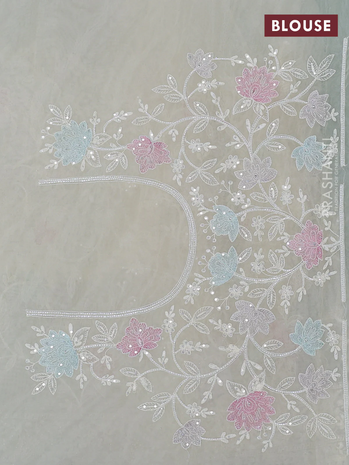 Organza silk saree cream with floral embroidery & sequin work - Image 3