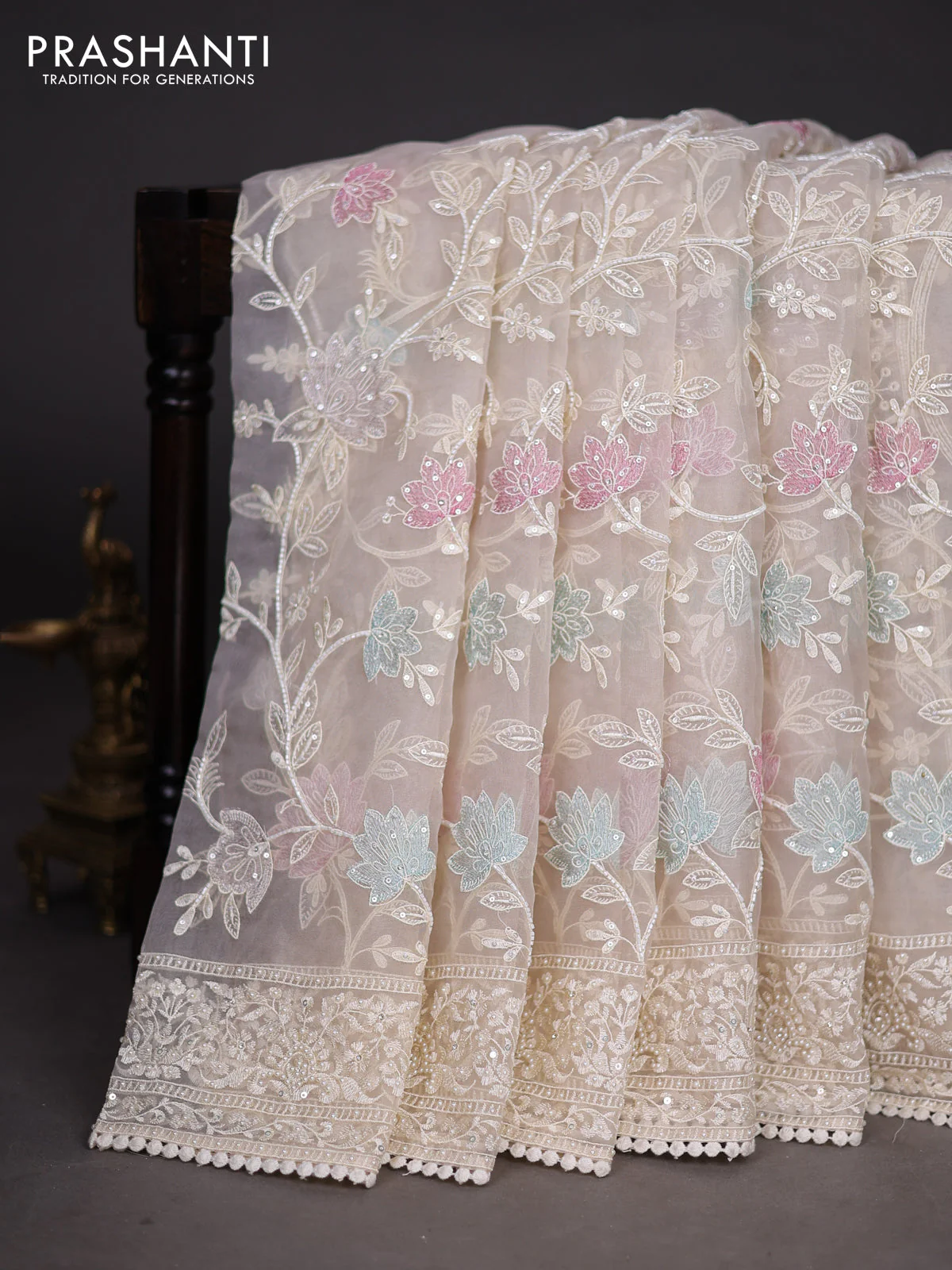 Organza silk saree cream with floral embroidery & sequin work