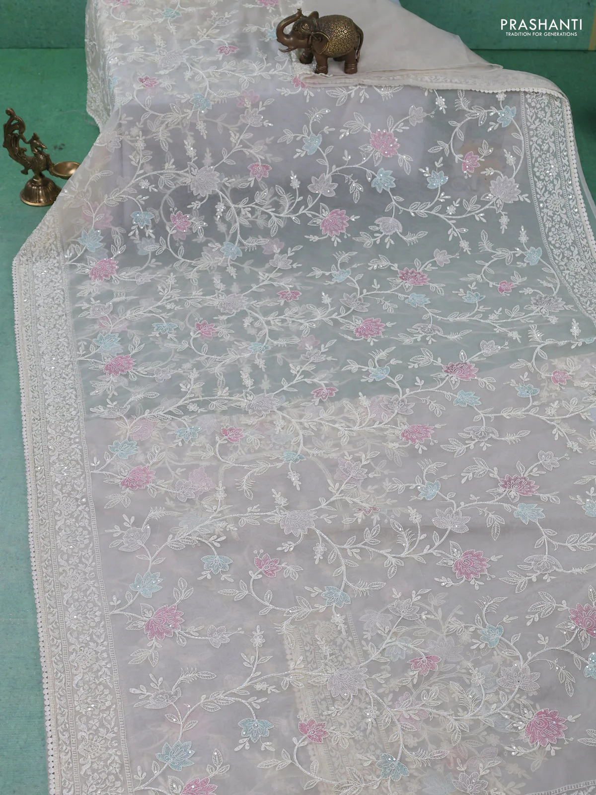 Organza silk saree cream with floral embroidery & sequin work - Image 2
