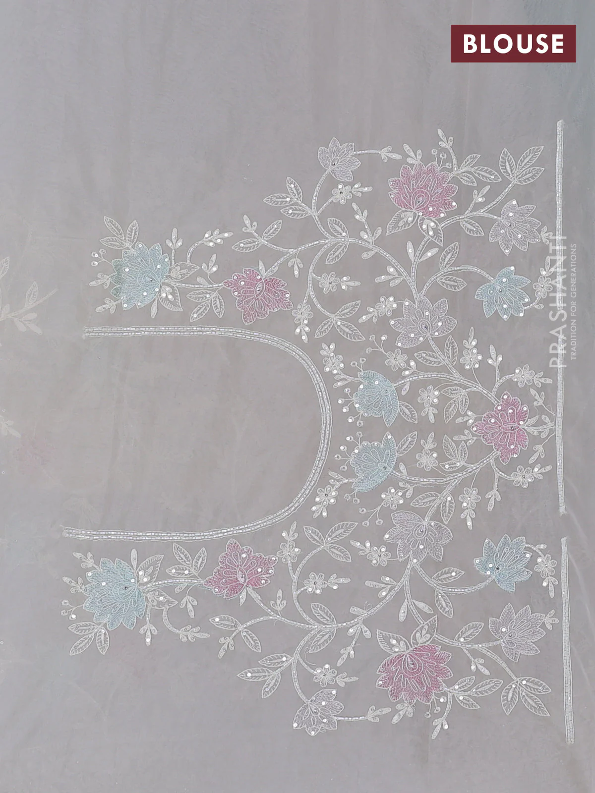 Organza silk saree cream with floral embroidery & sequin work - Image 3