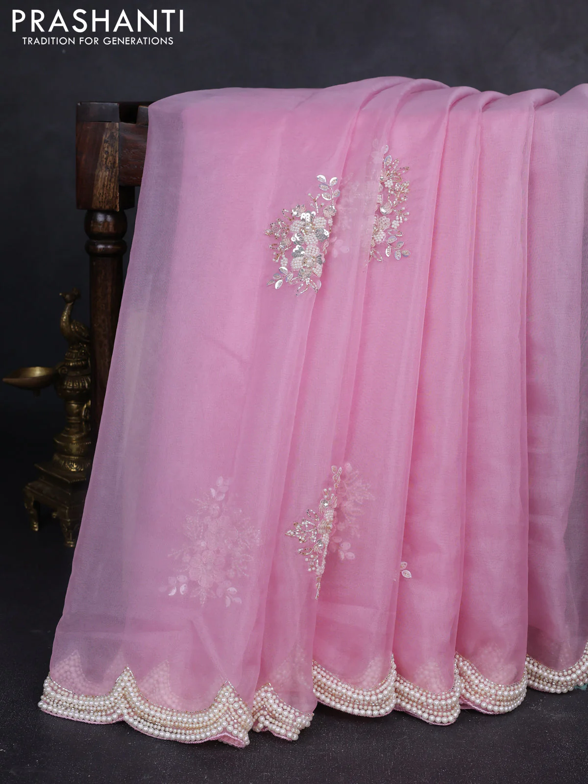 Organza silk saree light pink with allover floral embroidery sequin work and beaded work border