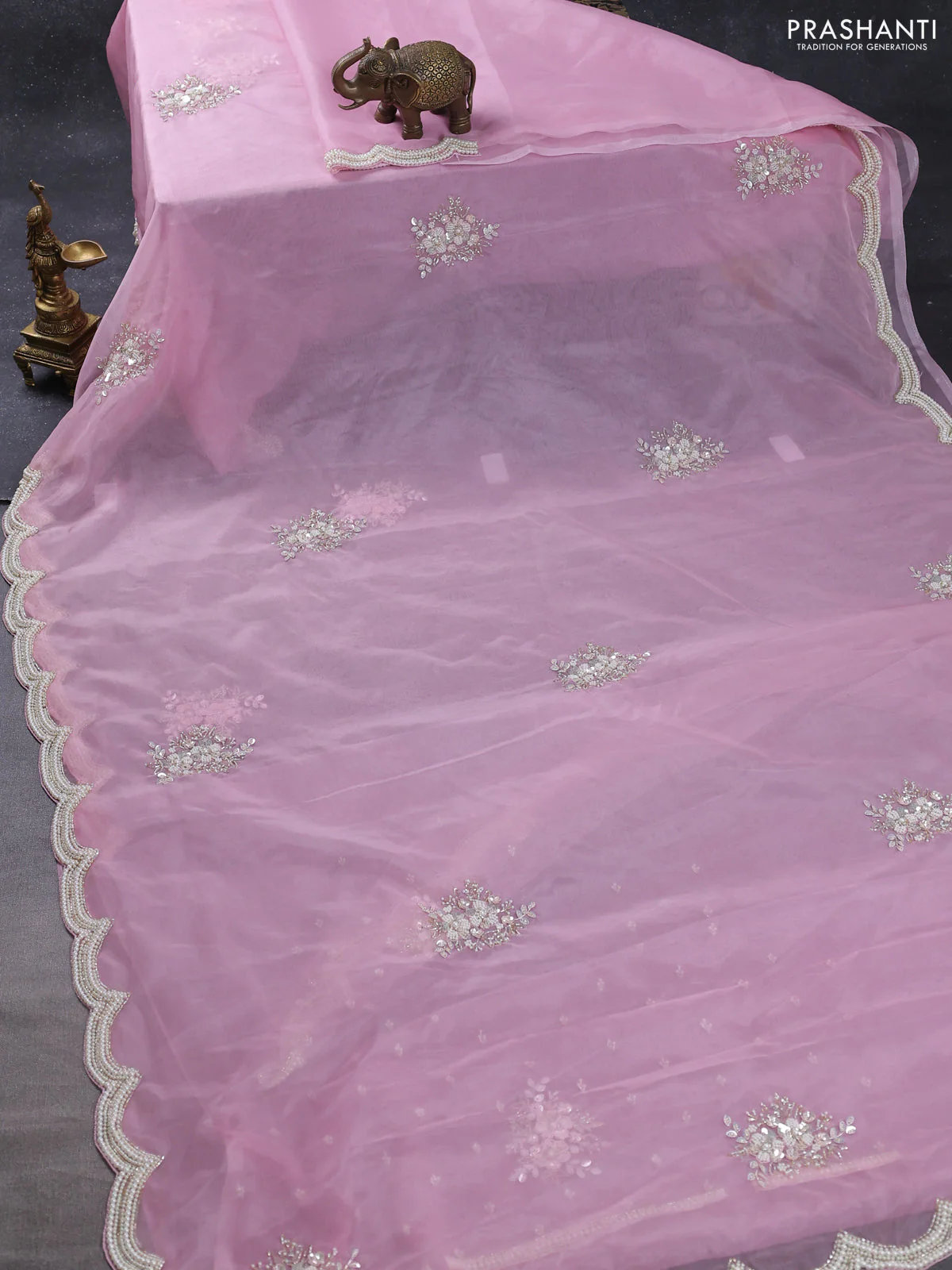 Organza silk saree light pink with allover floral embroidery sequin work and beaded work border - Image 2