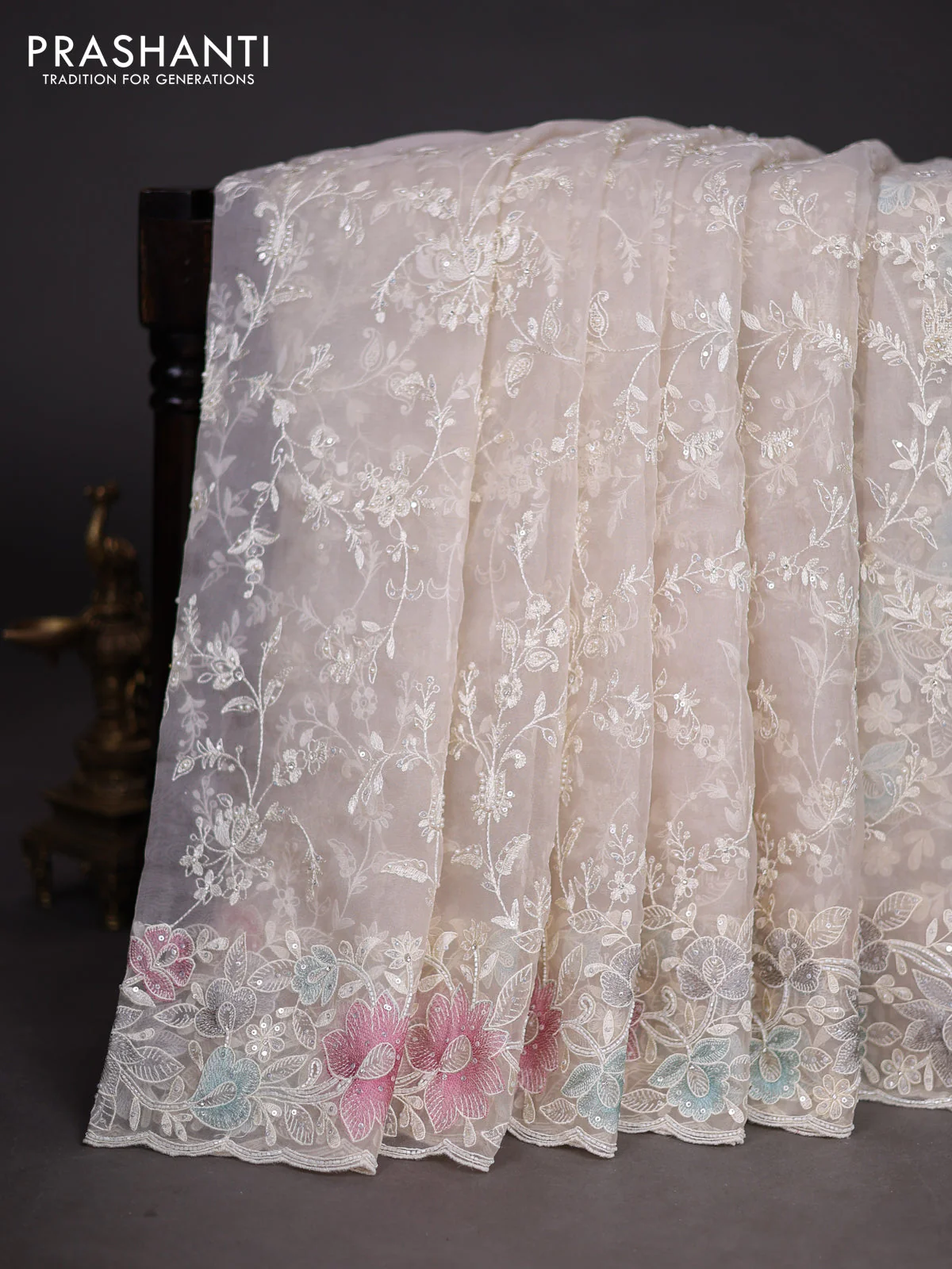 Organza silk saree off white with floral embroidery & sequin work