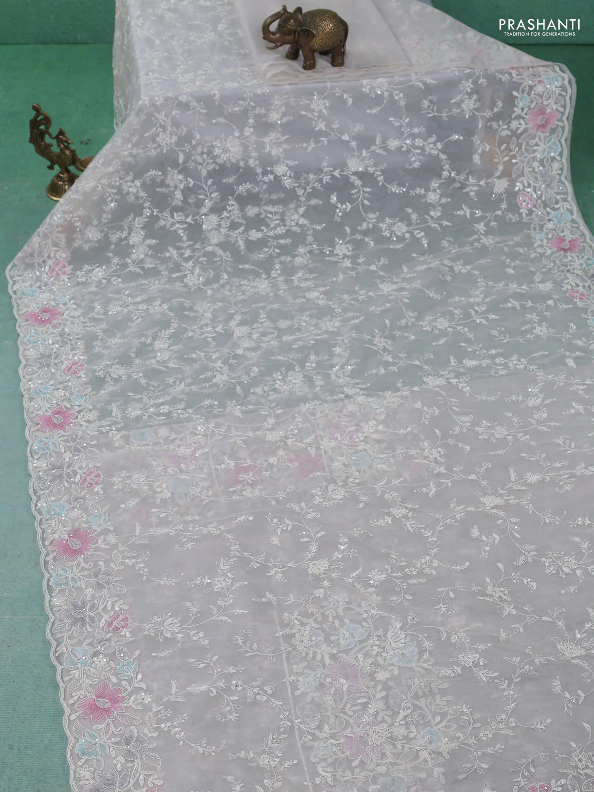Organza silk saree off white with floral embroidery & sequin work - Image 2