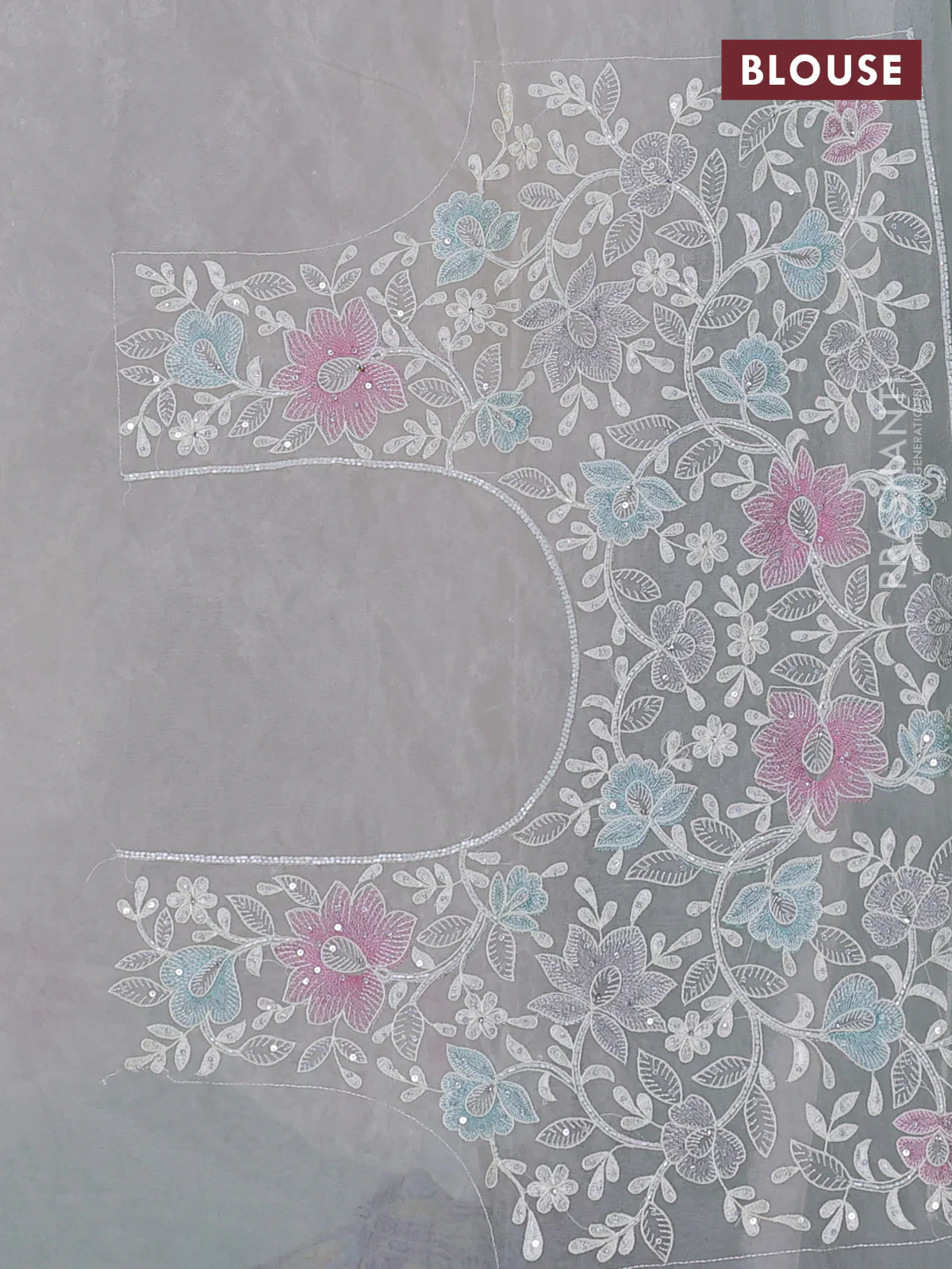 Organza silk saree off white with floral embroidery & sequin work - Image 3