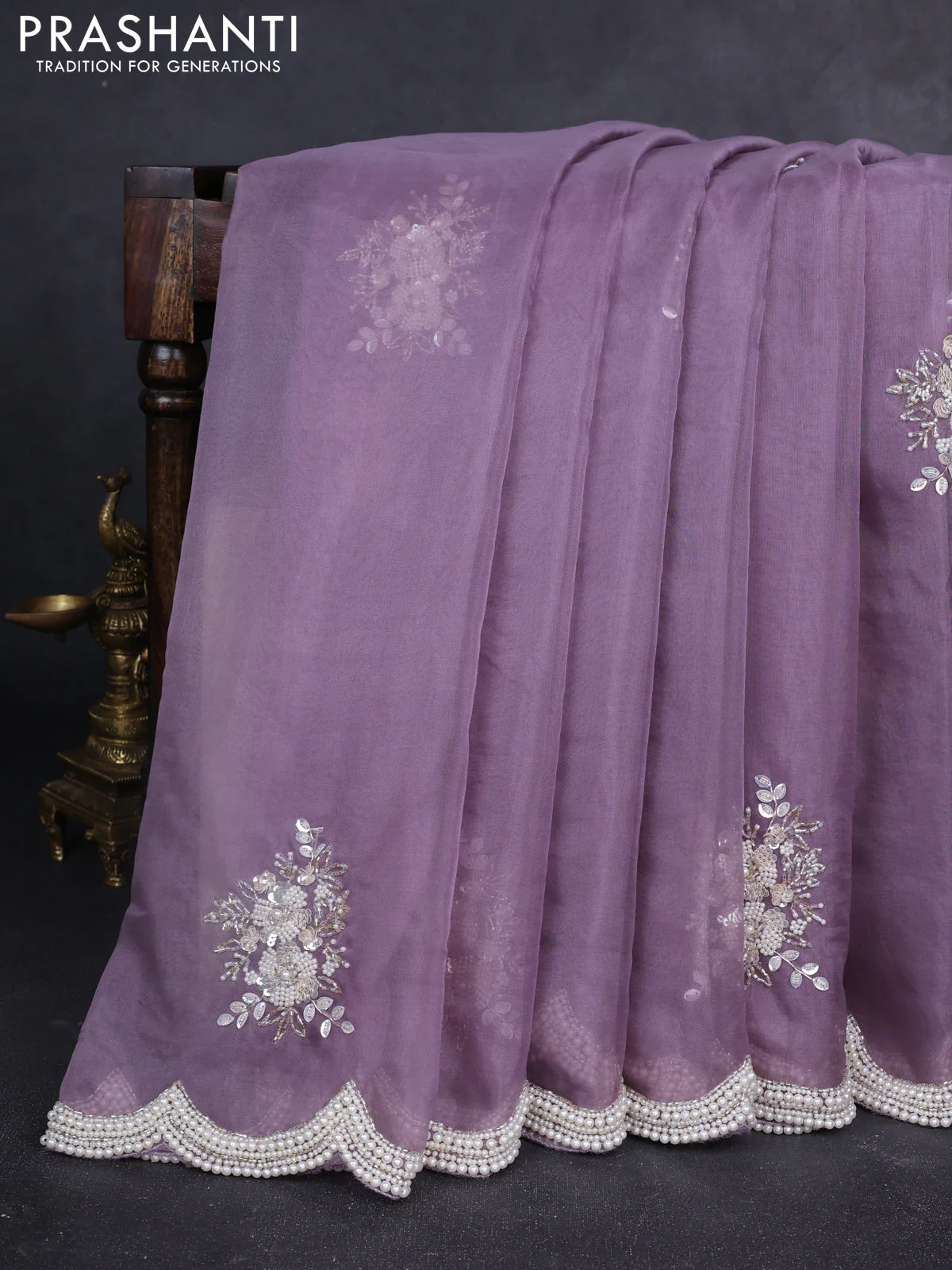 Organza silk saree pastel lavender with allover floral embroidery sequin work and beaded work border