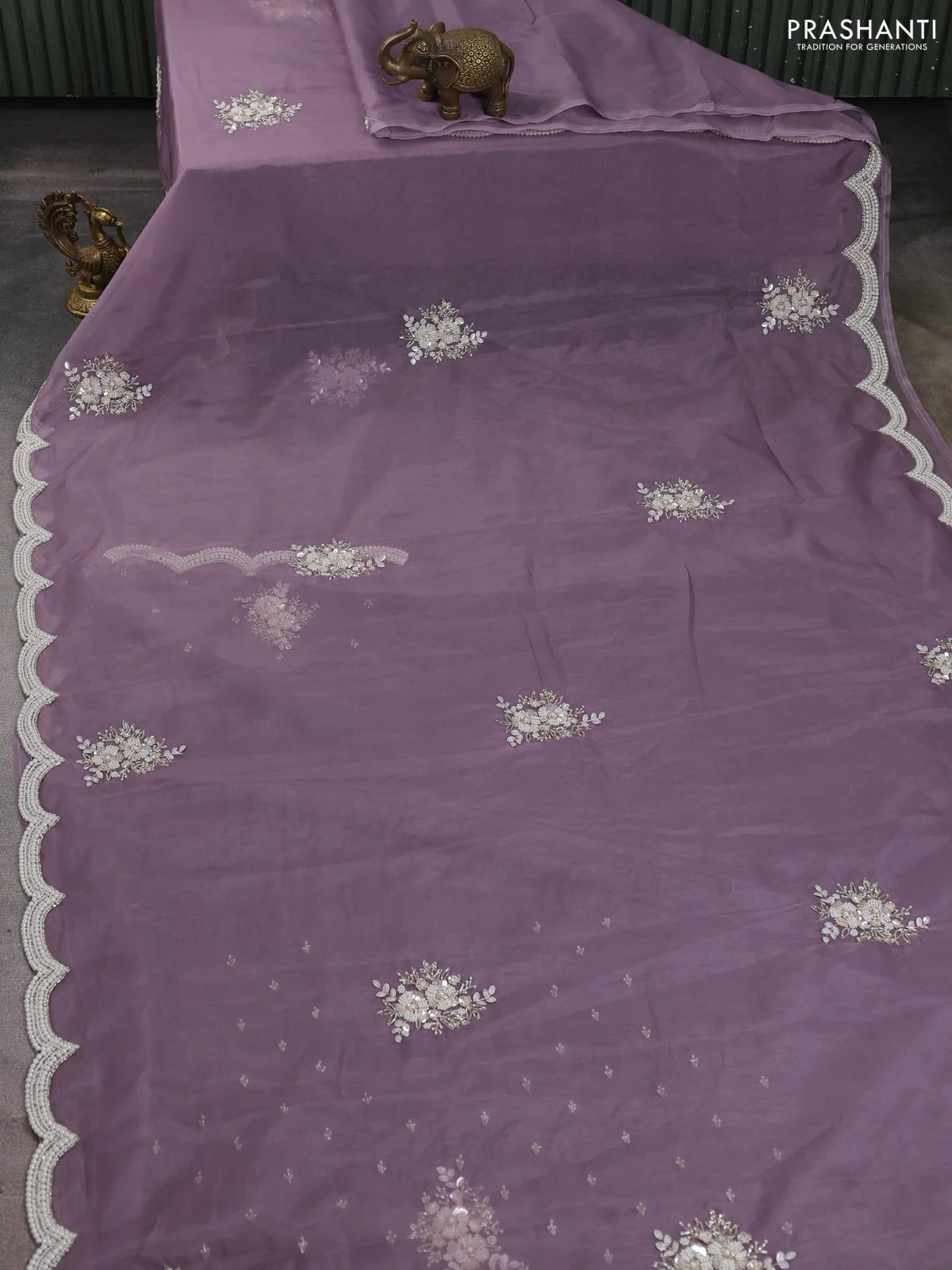 Organza silk saree pastel lavender with allover floral embroidery sequin work and beaded work border - Image 2