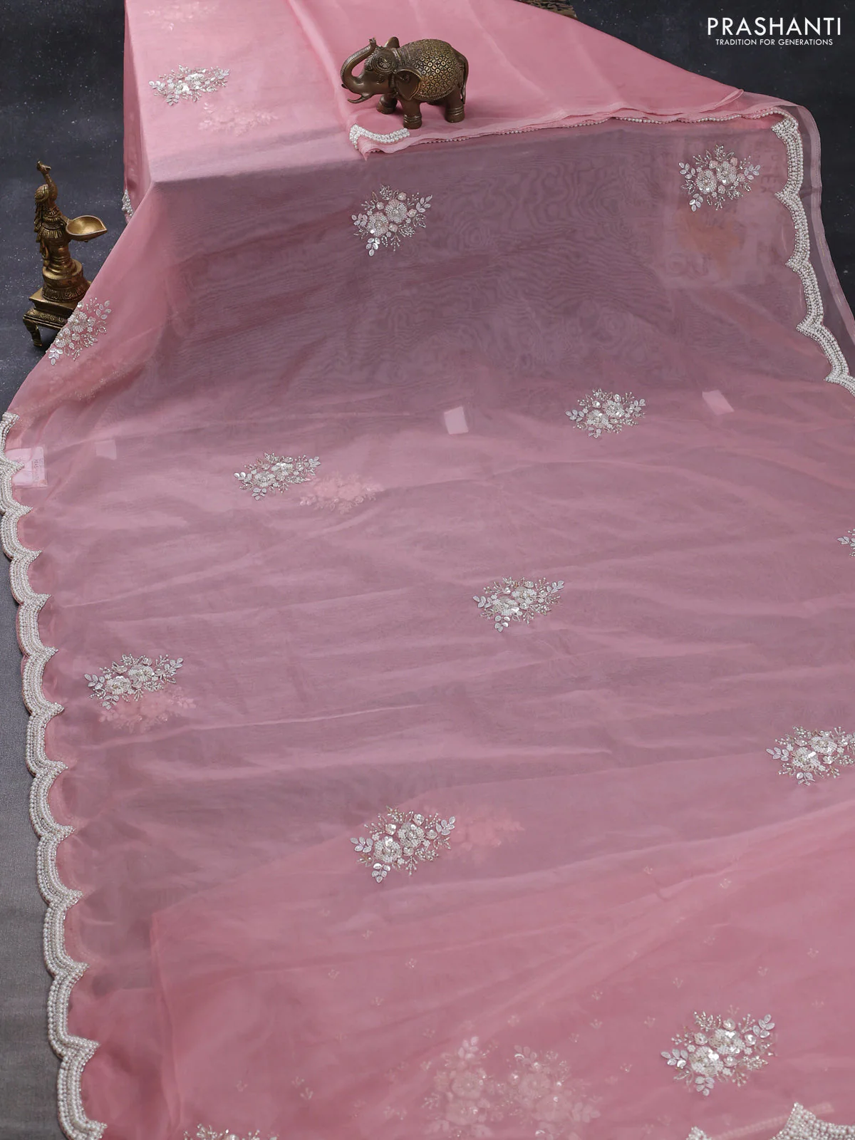Organza silk saree peach pink with allover floral embroidery sequin work and beaded work border - Image 2