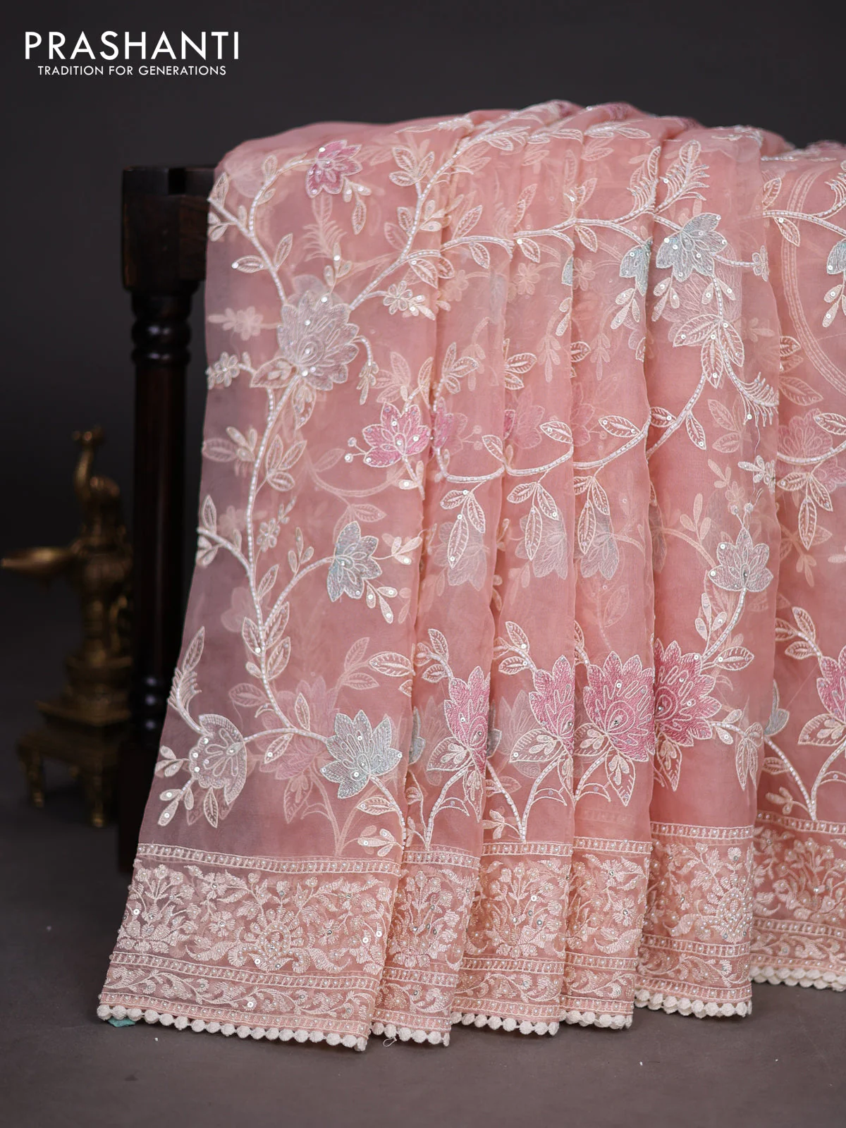 Organza silk saree peach shade with floral embroidery & sequin work