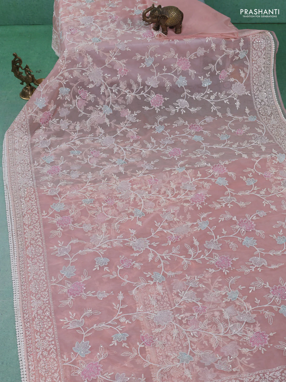 Organza silk saree peach shade with floral embroidery & sequin work - Image 2