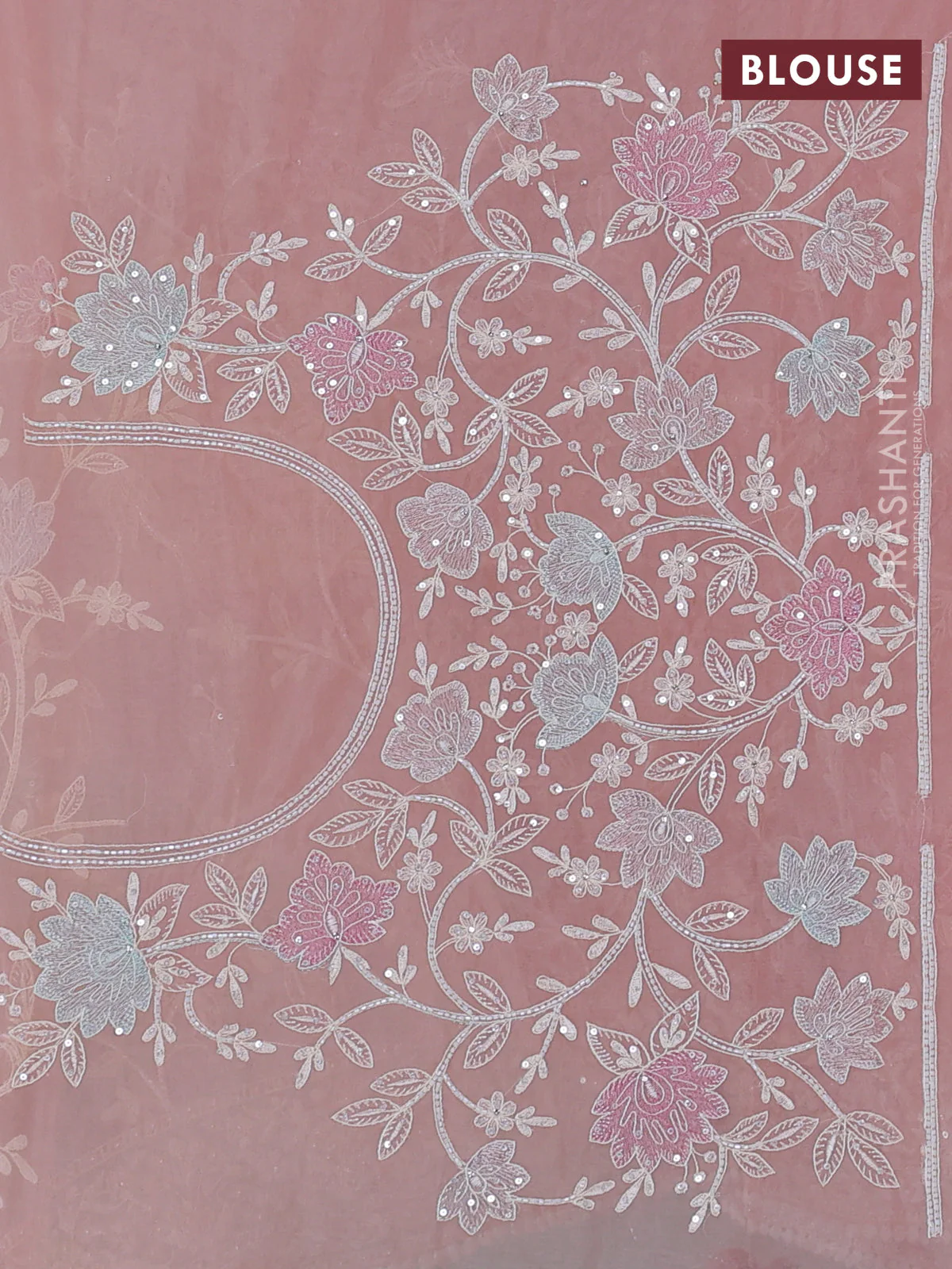 Organza silk saree peach shade with floral embroidery & sequin work - Image 3