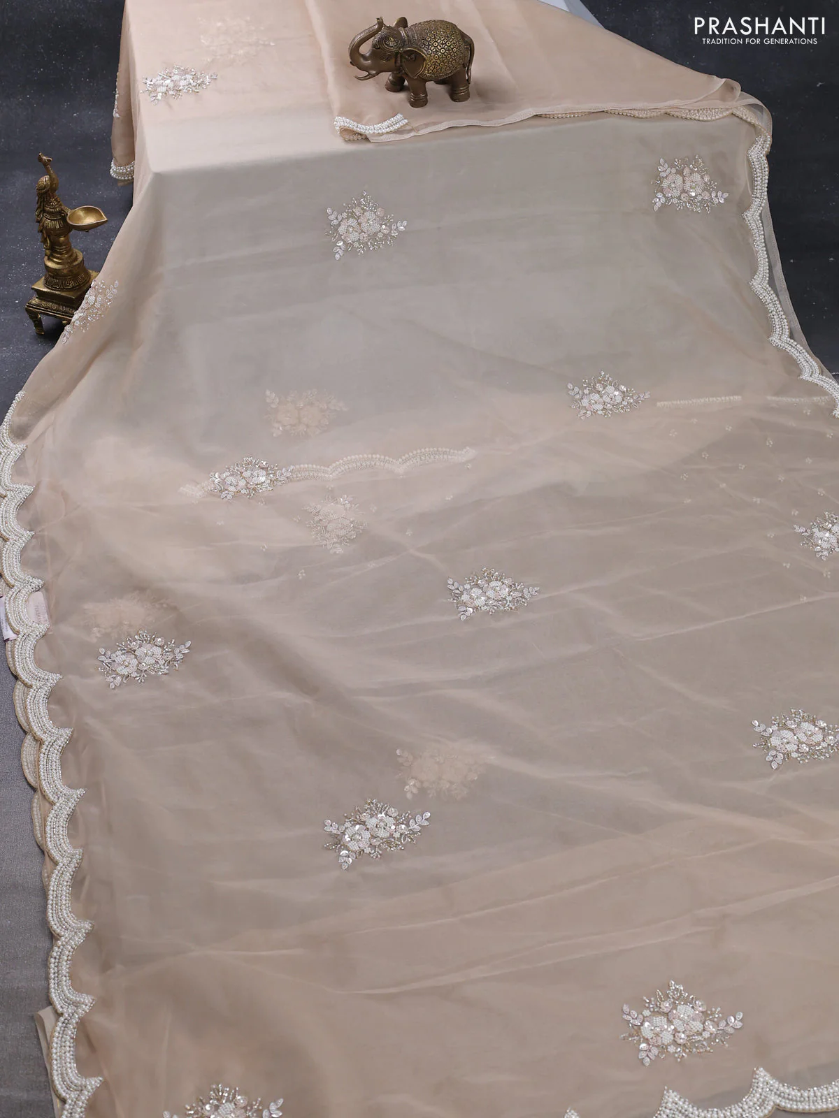 Organza silk saree sandal with allover floral embroidery sequin work and beaded work border - Image 2